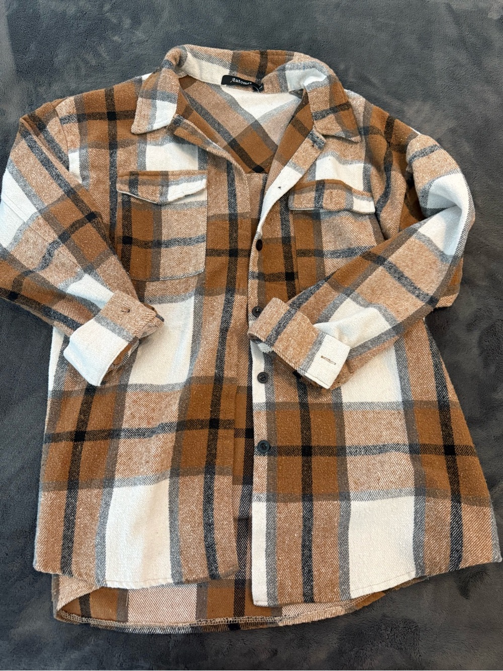Cozy Plaid Button-Up Shacket in Camel & Cream